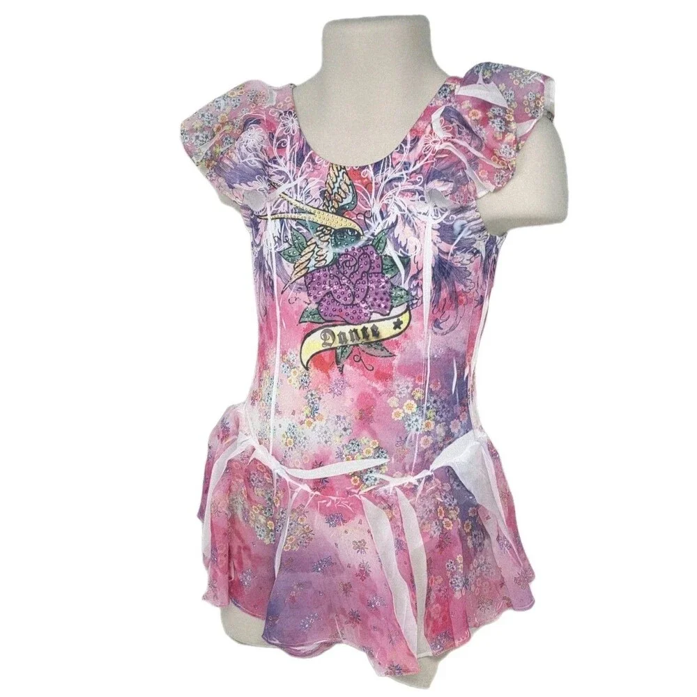 Duck Crossing Y2K Leotard Dance Skate Dress Bling Rose Airbrush CS Size S